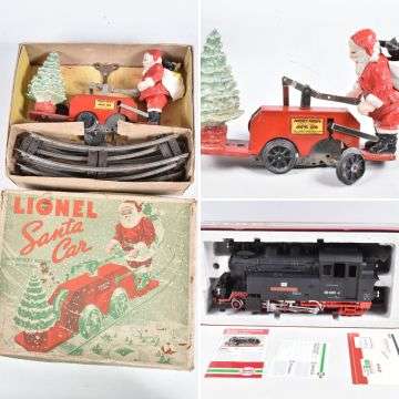 Left and top: Lot 289, a Lionel Santa car with Mickey Mouse gift set. Below: Lot 265, a boxed LGB G gauge locomotive.