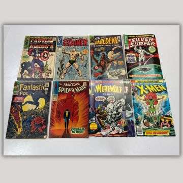 Iconic Marvel characters in the collection include, clockwise from top left, Captain America, the Sub-Mariner, Daredevil, the Silver Surfer, X-Men, Werewolf, Spider-Man and Fantastic Four.