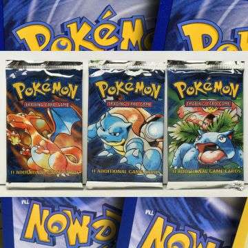 Lot 462A is this Pokémon Base Set booster pack art set, with three sealed packs featuring the Charizard, Blastoise and Venusaur designs.