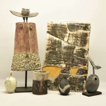 A selection from the collection of art pottery including pieces by, clockwise from left, John Maltby, Peter Hayes, Maltby again, John Leach, Robin Welch and Derek Clarkson.